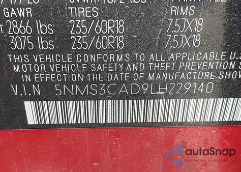 2020 Hyundai Santa Fe Sel from USA, damaged, VIN 5NMS3CAD9LH229140